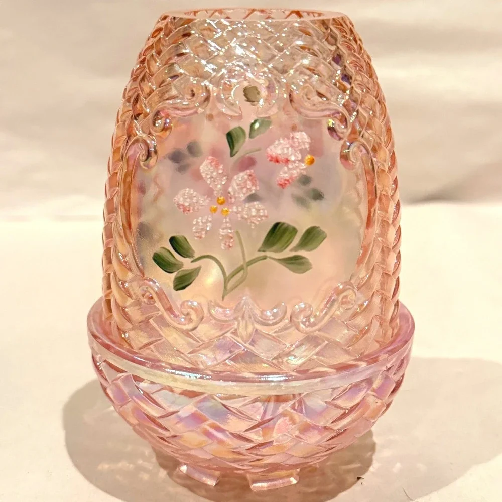 Fenton Champagne Basketweave Fairy Lamp Hand Painted Signed Sharon Fisher